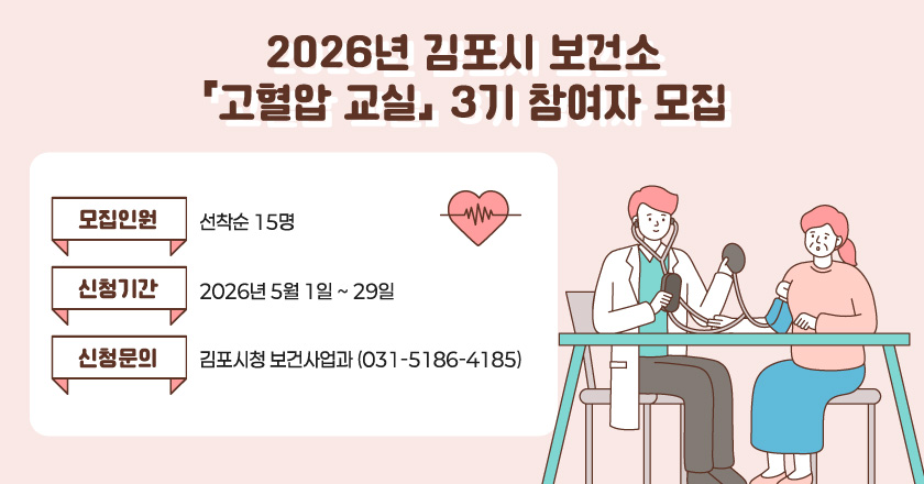 2026년 김포시보건소「고혈압 교실」 3기 참여자 모집
모집인원: 선착순 15명
신청기간: 2026년 5월 1일 ~ 29일
신청문의: 김포시청 보건사업과(031-5186-4185)