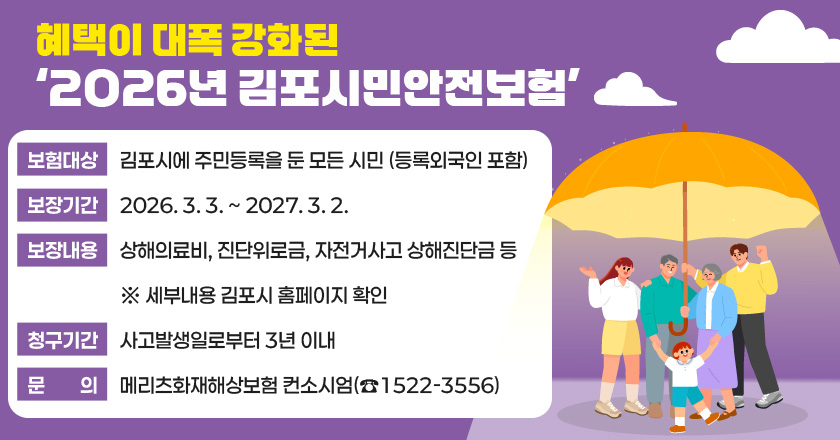 혜택이 대폭 강화된 ‘2026년 김포시민안전보험’
보험대상 : 김포시에 주민등록을 둔 모든 시민 (등록외국인 포함)
보장기간 : 2026. 3. 3. ~ 2027. 3. 2.
보장내용 : 상해의료비, 진단위로금, 자전거사고 상해진단금 등
※ 세부내용 김포시 홈페이지 확인
청구기간 : 사고발생일로부터 3년 이내
문 의 : 메리츠화재해상보험 컨소시엄(☎1522-3556)