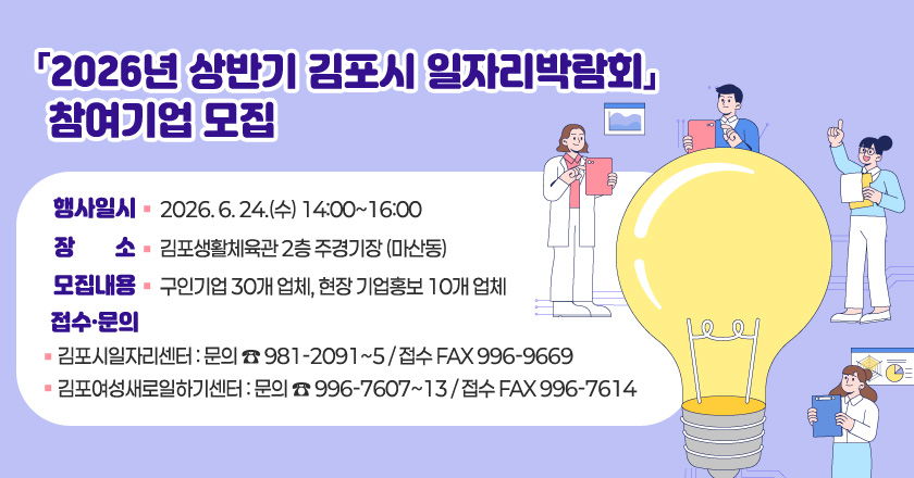 「2026년 상반기 김포시 일자리박람회」 참여기업 모집
○ 행사일시 : 2026. 6. 24.(수) 14:00~16:00
○ 장 소 : 김포생활체육관 2층 주경기장 (마산동)
○ 모집내용 : 구인기업 30개 업체, 현장 기업홍보 10개 업체
○ 접수·문의
- 김포시일자리센터 : 문의 ☎ 981-2091~5 / 접수 FAX 996-9669
- 김포여성새로일하기센터 : 문의 ☎ 996-7607~13 / 접수 FAX 996-7614