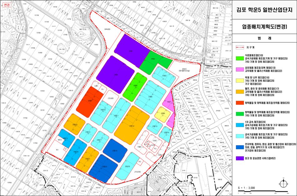 학운5일반산업단지 업종배치계획도 입니다.(범례: 식료품제조업-C10, 금속가공제품 제조업 기계및 가구제외-C25, 기타기계 및 장비제조업-C29, 섬유제품 제조업 의복제외-C13, 고무제품 및 플라스틱제품 제조업-C22, 목재 및 나무제조업-C16, 기타 기계 및 장비제조업-C29, 가구제조업-C32, 펄프 종이 및 종이제품 제조업-C17, 화학물질 및 화학제품 제조업 의약품 제외-C20, 창고 및 운송관련 서비스업-H52 등), 자세한 사항은 웹페이지 하단 담당부서에 문의바랍니다.