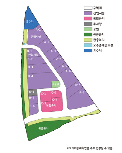 학운3-1 일반산업단지 지구단위계획 이미지 - 구역계, 산업시설, 복합용지, 주차장, 공원, 공공공지, 완충녹지, 오수중계펌프장, 유수지 등 정보제공